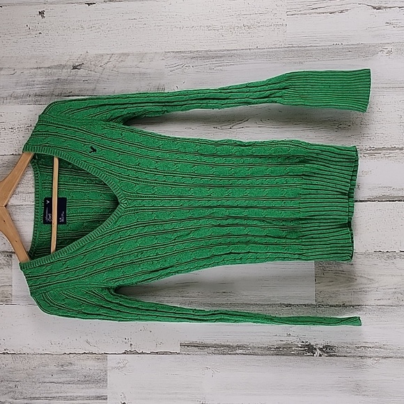 American Eagle Outfitters Sweaters - American Eagle Kelly Green cable knit deep vneck slim fit sweater Size Large